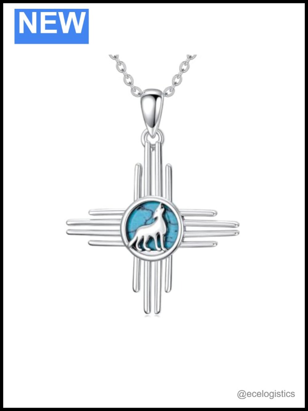 Sterling Silver Turquoise Zia Wolf Pendant Necklace Southwest